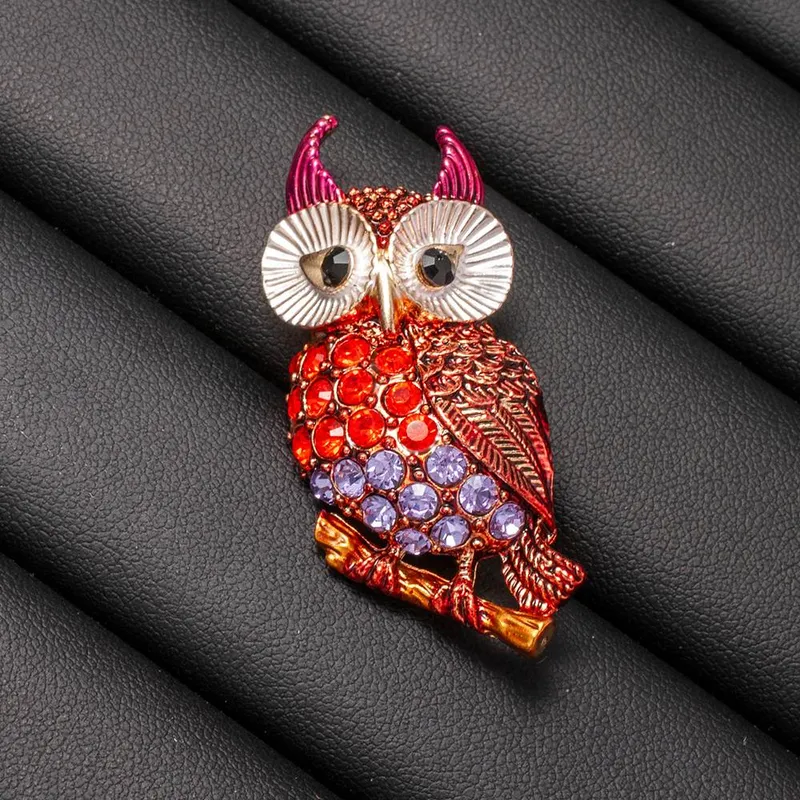 Peach Accessories Women's Sparkling Crystal Owl Brooch in Red Red