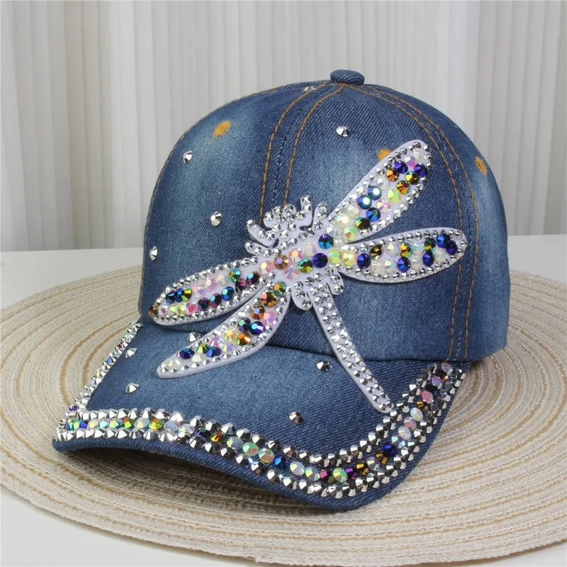 Peach Accessories Women's Sparkling Dragonfly Cap in Denim in Blue Blue female