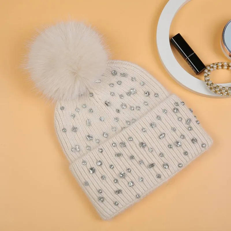 Peach Accessories Women's Sparkling Gem Winter Pompom Hat in Beige - Beige