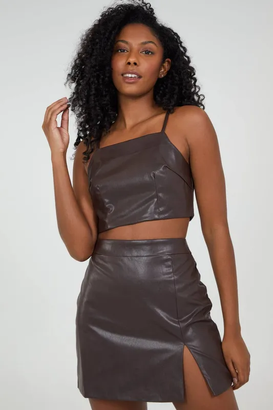 Pink Vanilla Women's Brown PU Crop Cami Top Size: 10 - Brown