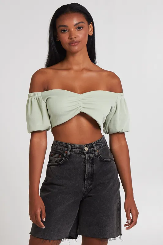 Pink Vanilla Women's Pale Green Waffle Rib Ruched Crop Top Size: Large - Pale Green