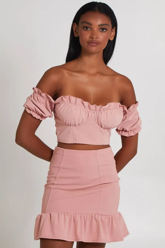 Pink Vanilla Women's Pale Pink Frill Detail Milkmaid Top Size: Medium - Pale Pink