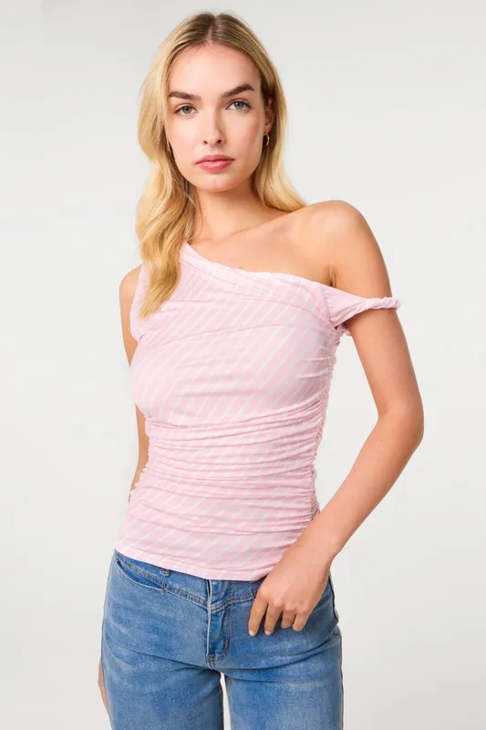 Pink Vanilla Women's Pink Stripe Asymmetric top Size: Small Pink S