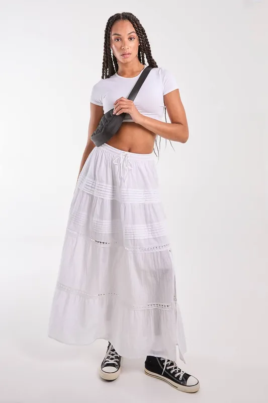 Pink Vanilla Women's Prairie Tiered Maxi Skirt in White Size: Large - White - Size: L