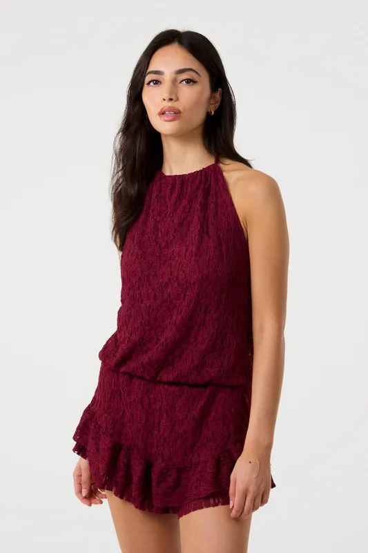 Pink Vanilla Women's Wine Lace Halterneck Top - Wine
