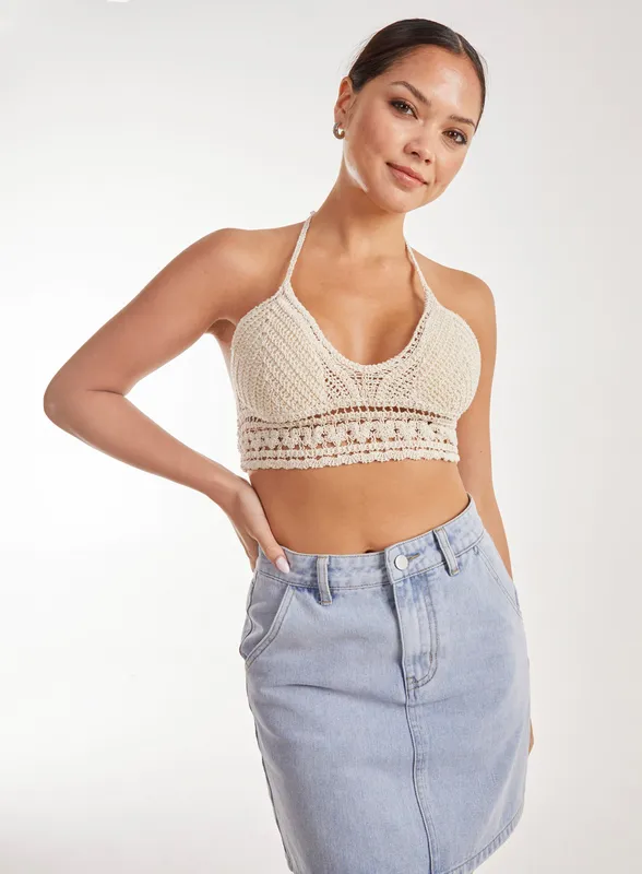 Pink Vanilla Women's Crochet Bralette in Stone - Stone