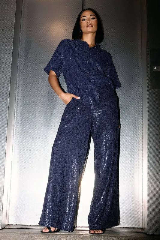 PixieGirl Women's Petite Sequin Trousers in Blue Size: 8 Blue