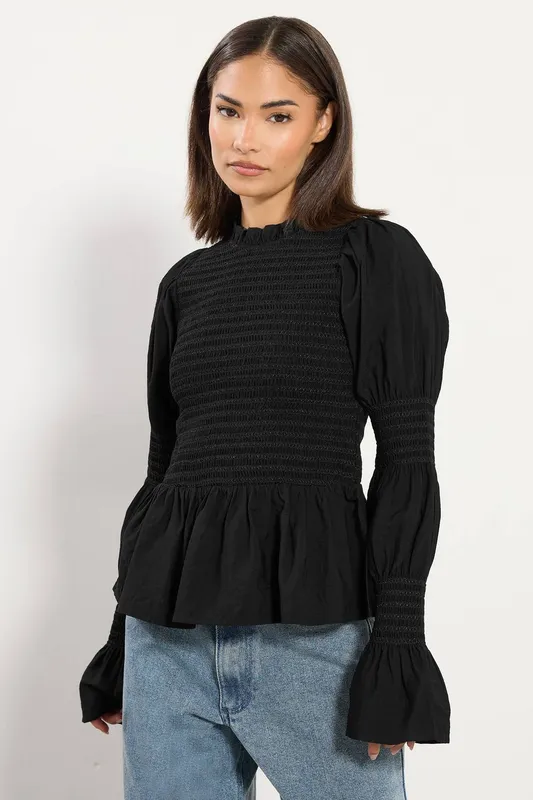 PixieGirl Women's Petite Shirred Smock Top in Black Size: 8 - Black