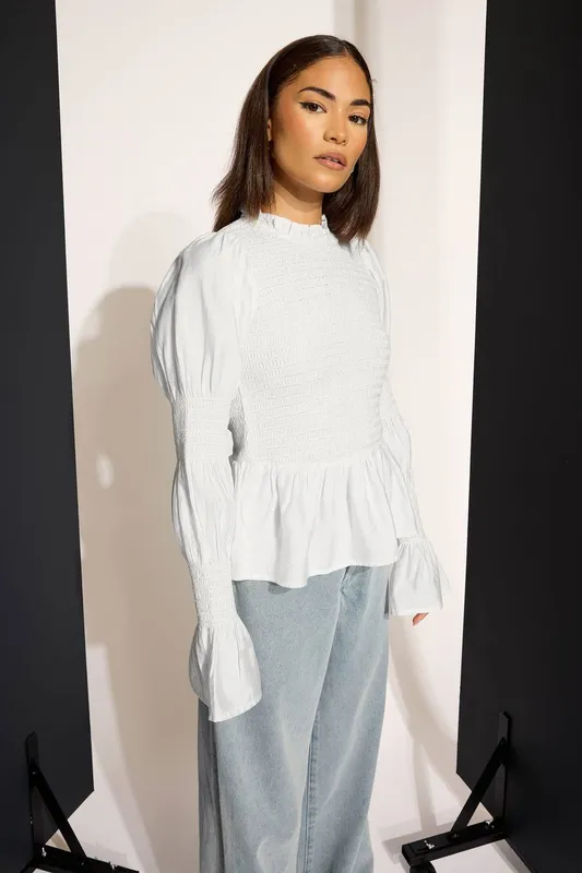 PixieGirl Women's Petite Shirred Smock Top in White Size: 8 White 8