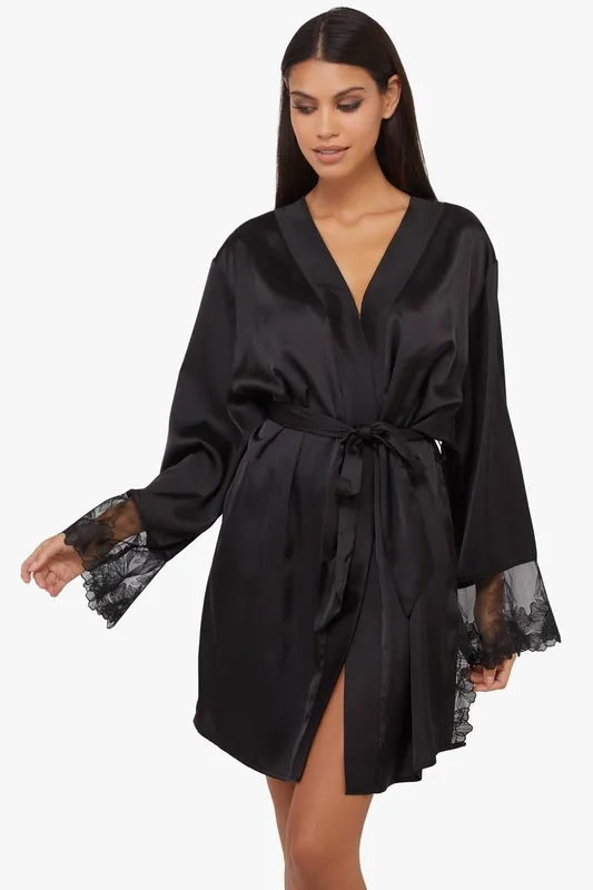 Playful Promises Women's Eleanor Black Satin & Embroidery Robe Size: 22 - Black