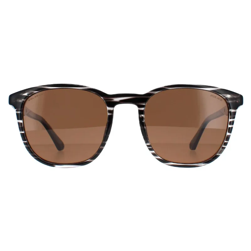 Police Men's Round Striped Grey Brown Polarized SPLF18E Grey One Size