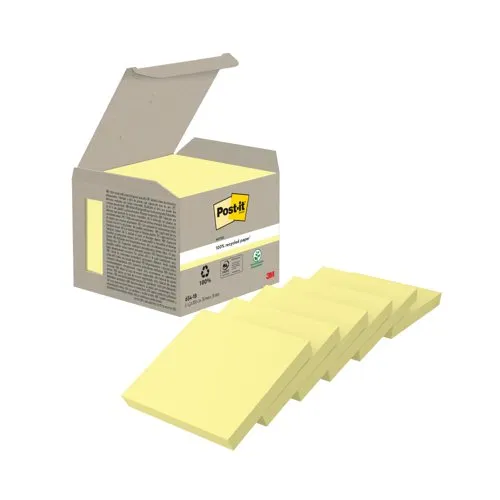 Post-It Recycled Notes 100 Sheets 76x76mm Canary Yellow Pack 6