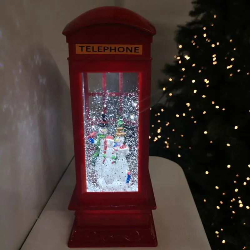 1 26cm Dual Powered Light up Red Telephone Box Christmas Water Spinner with Snowman Scene