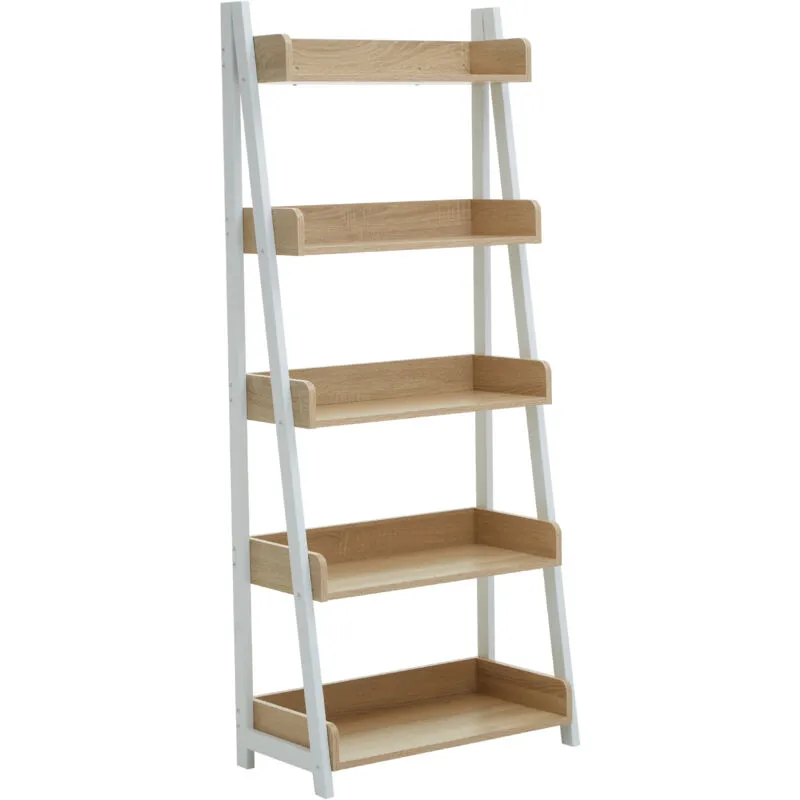 Orsina Stylish Five Tier Natural Oak Ladder Shelf Unit, Large Shelving Unit, Wooden Standing Shelves Natural