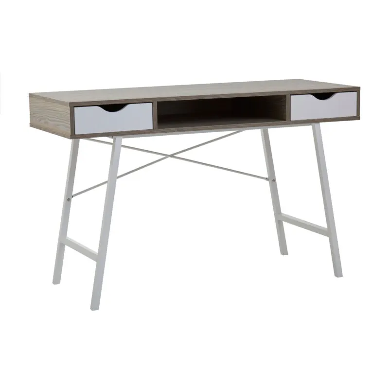 Orsina Two Drawer Light Oak Veneer Desk, Angular White Metal Legs White