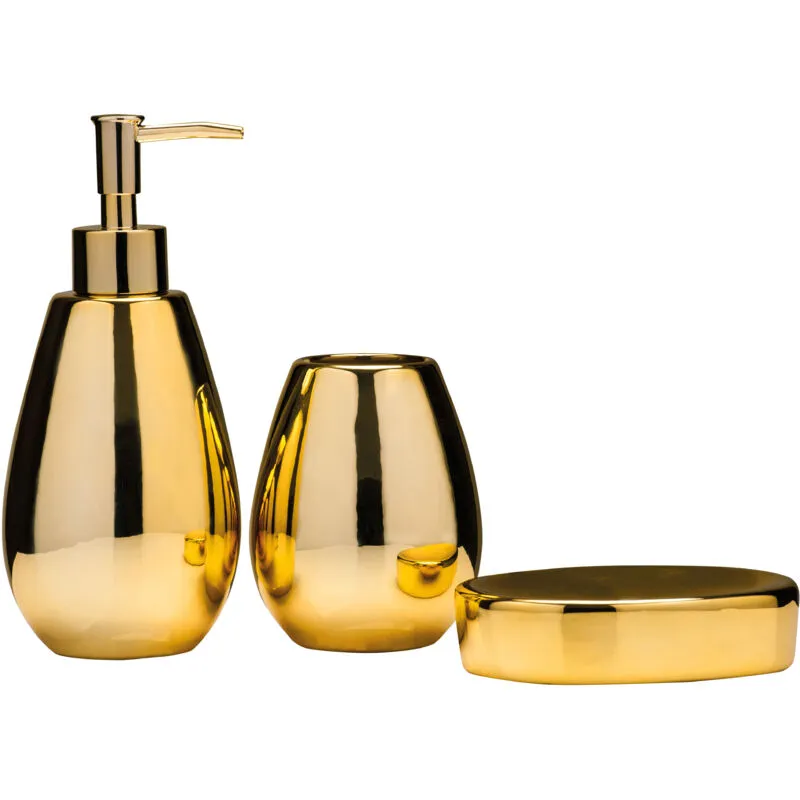 Orsina Dolomite Gold 3 Piece Bathroom Set, Ceramic Bath Accessories Set, Lotion Dispenser, Tumbler, & Soap Dish Gold