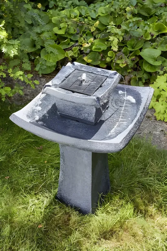 Primrose Pagoda Solar Water Feature & Fountain with Bird Bath in Grey Grey