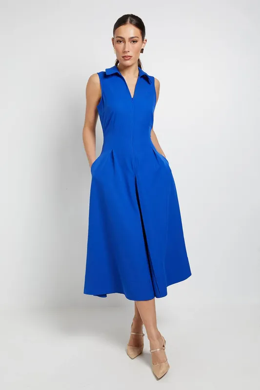 Debenhams Women's Collared Sleeveless Zip Midi Dress in Blue Size: 16 - Blue