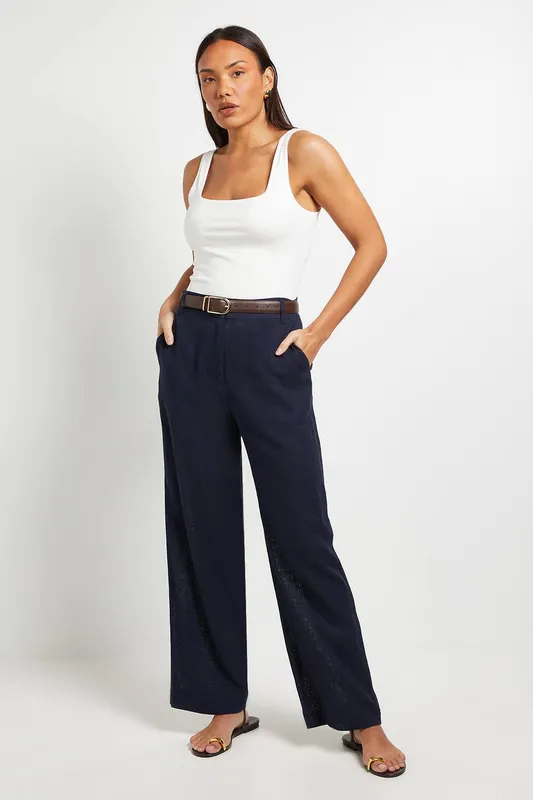 Debenhams Women's Linen Blend Straight Trouser in Navy Size: 12 - Navy