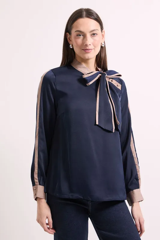 Debenhams Women's Satin Contrast Detail Top in Navy Size: 16 - Navy