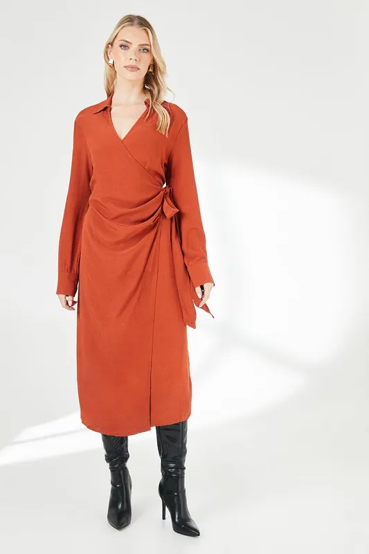 Principles Womens Belt Detail Collared Wrap Dress - Rust - Size 12 Uk