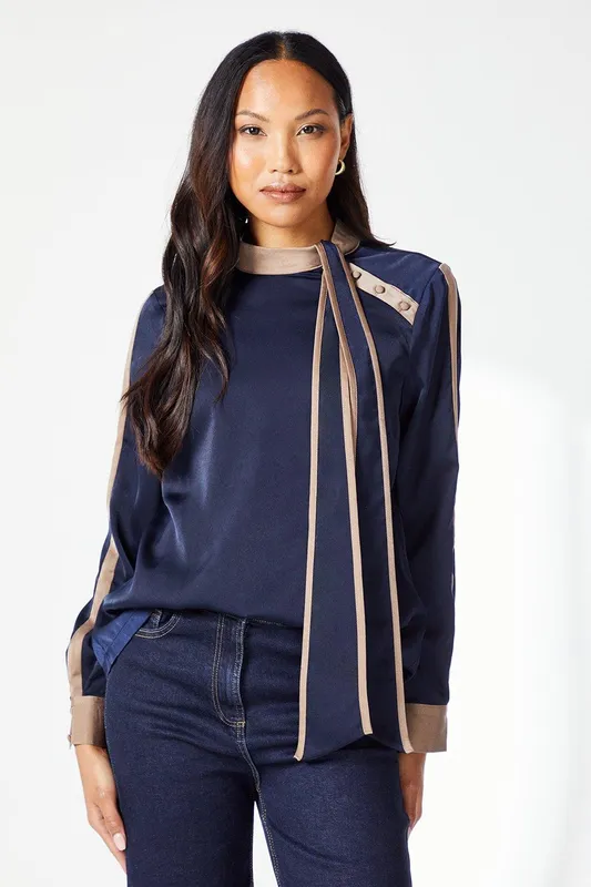 Debenhams Women's Satin Contrast Detail Top in Navy Size: 18 - Navy