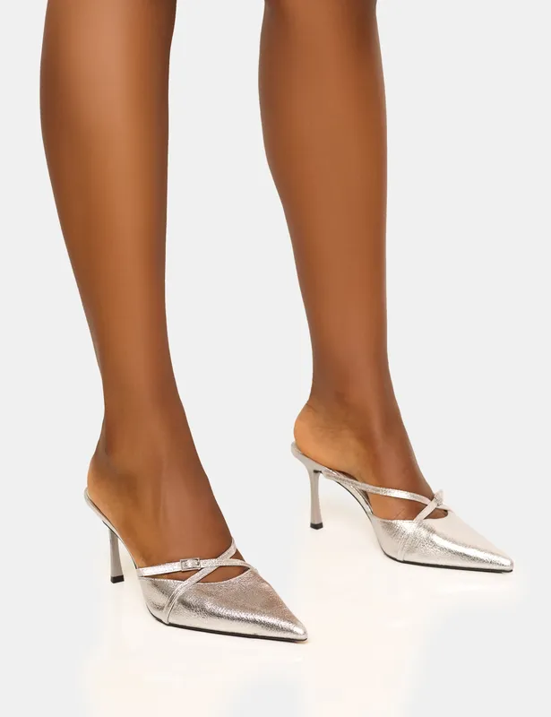 Public Desire Women's Casanova Cracked Silver Buckle Detail Pointed Toe Mid Heel Mules Size: 5 Silver 5