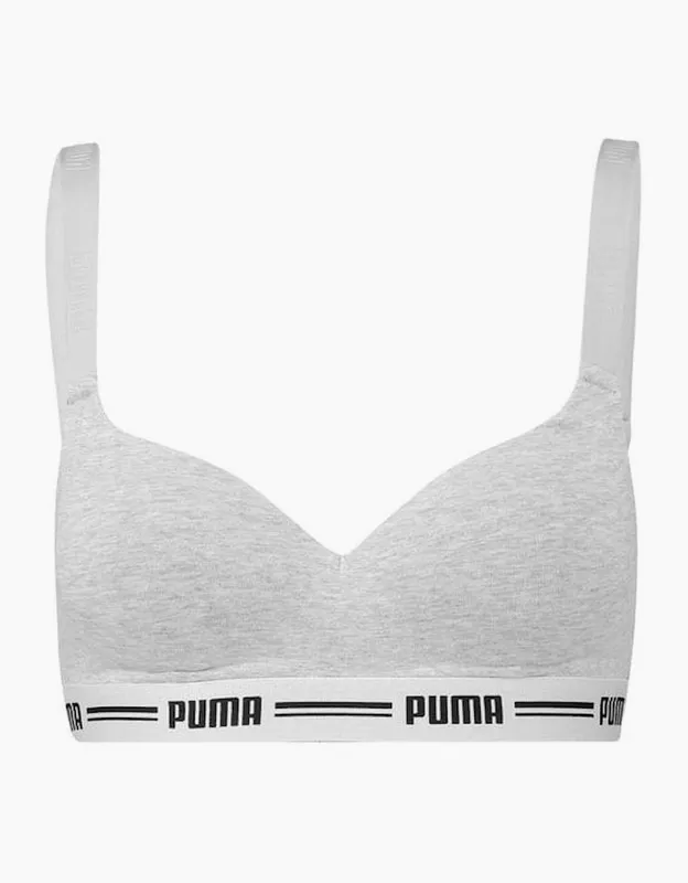 Puma Women's Striped Logo Padded Bra Top, Grey Melange - Size: XS