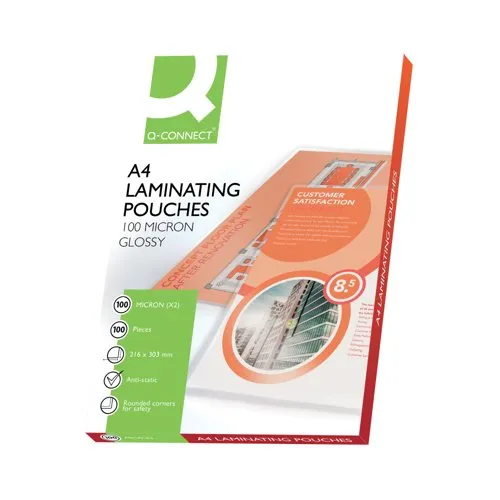 Q-Connect A4 Laminating Pouches 200 Micron Gloss Pk 100 - KF04115