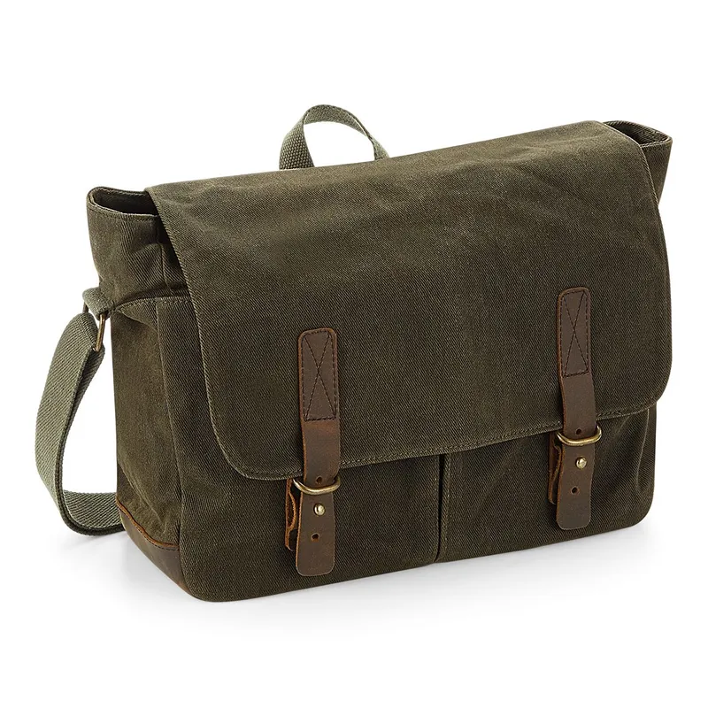 Quadra Men's Heritage Waxed Canvas Messenger Bag in Dark Olive Dark Olive