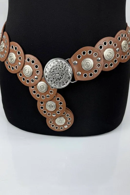 Raffaella Women's Wide Disc Belt in Tan - Tan