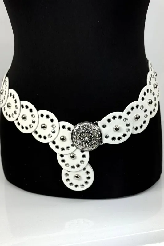 Raffaella Women's Wide Eyelet Disc Belt in White White