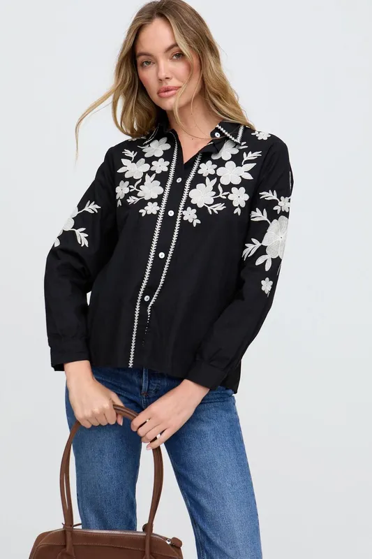 Raffya Women's Lila Embroidered Shirt In Black Size: Medium Black