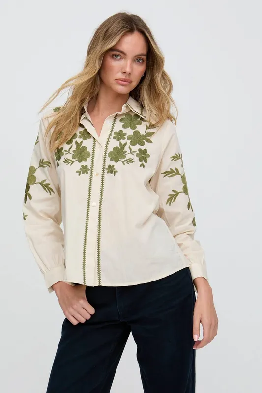 Raffya Women's Lila Embroidered Shirt in Cream Size: Medium Cream female
