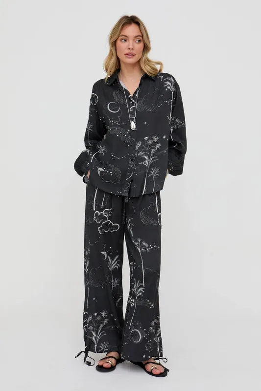 Raffya Women's Palm Button Down Palm Print Shirt in Black Size: 14 Black female