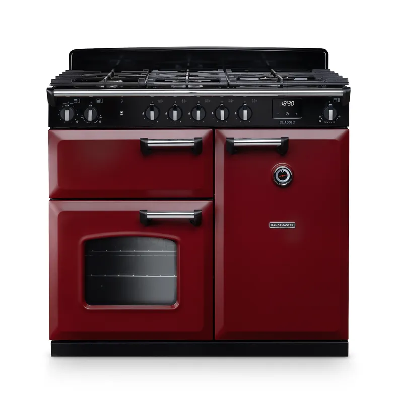 Rangemaster Classic CL100DFPBOR/CM1 100cm Wide Bordeaux Dual-Fuel Freestanding Range Cooker - Chrome Trim
