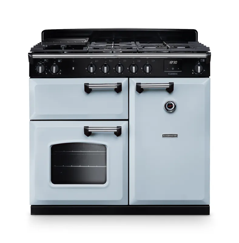 Rangemaster CL100DFPMSB/CM1 Classic 100cm Dual Fuel Range Cooker Chrome Trim 14193 - Misty Blue