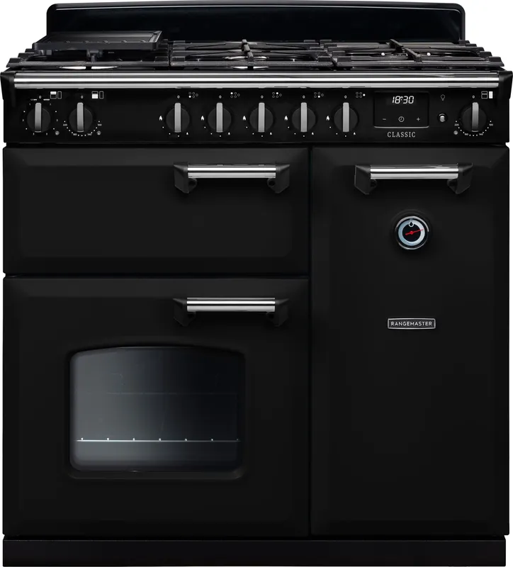 Rangemaster Classic CL90DFPGBL/CM1 90cm wide Dual Fuel Range Cooker with Gas Hob - Black / Chrome - A/A Rated, Black