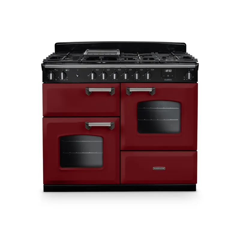 Rangemaster Classic CLO110DFPBOR/CM1 110cm Wide Bordeaux Dual-Fuel Freestanding Range Cooker - Chrome Trim
