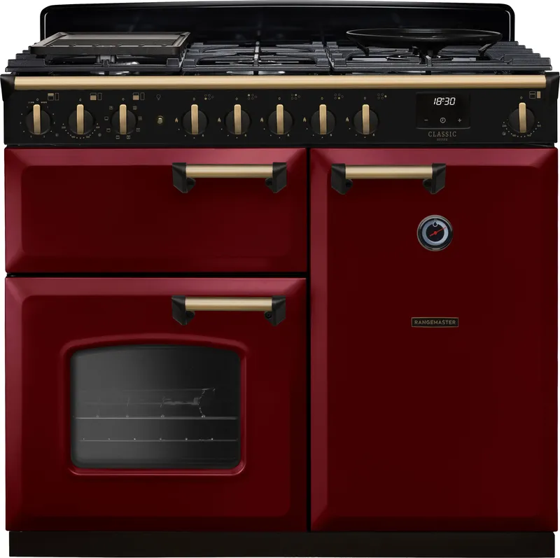 Rangemaster CLDL100DFPBOR/AB1 Classic Deluxe 100cm Dual Fuel Range Cooker Antique Brass Trim 18301 - Bordeaux