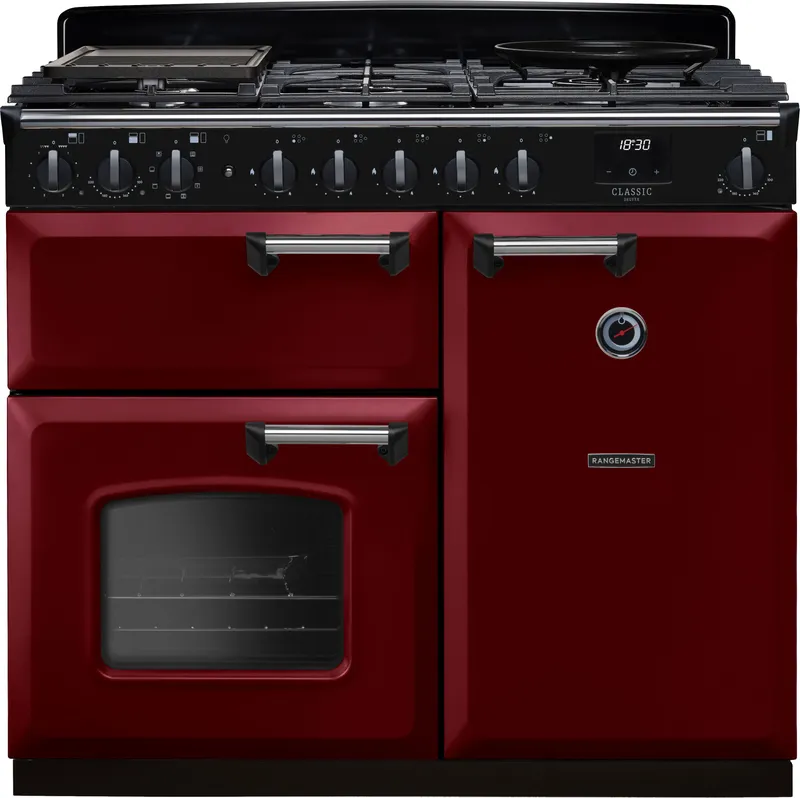 Rangemaster Classic Deluxe 100 Dual Fuel CLDL100DFPBOR/CM1 100cm wide Dual Fuel Range Cooker with Gas Hob - Bordeaux / Chrome - A/A Rated, Red