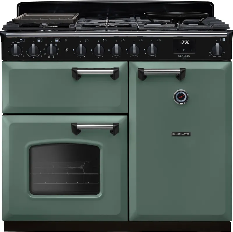 Rangemaster CLDL100DFPMGR/CM1 Classic Deluxe 100cm Dual Fuel Range Cooker Chrome Trim 14641 - Mineral Green