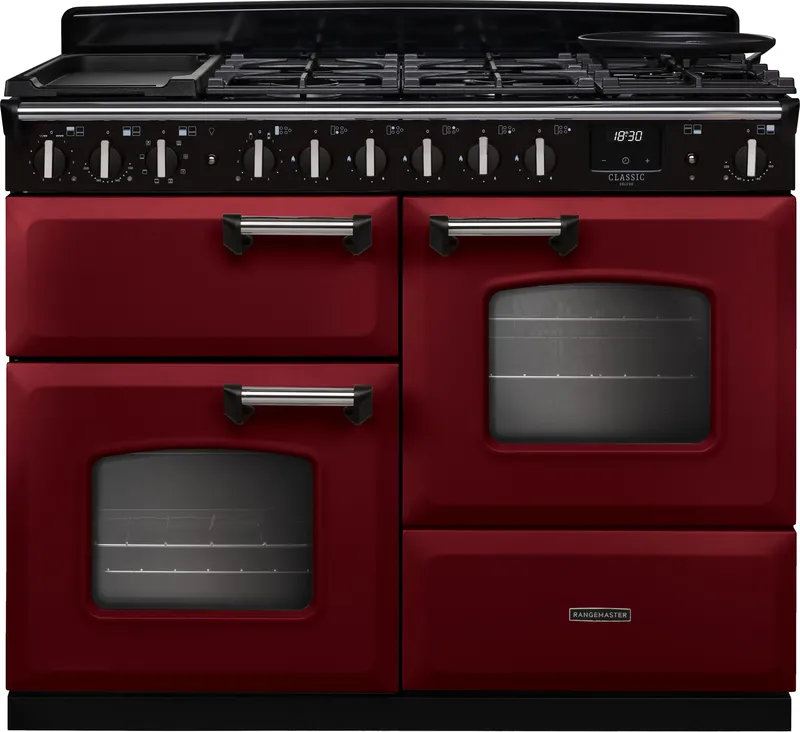 Rangemaster CLDLO110DFPBOR/CM1 Classic Deluxe OC 110cm Dual Fuel Range Cooker Chrome Trim 14713 - Bordeaux