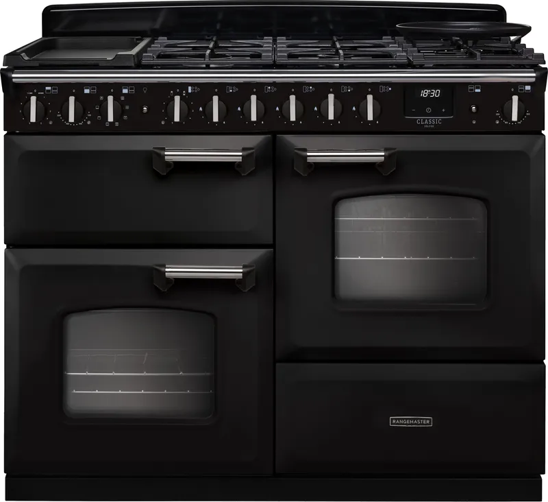Rangemaster CLDLO110DFPCBL/CM1 Classic Deluxe OC 110cm Dual Fuel Range Cooker Chrome Trim 14707 - Charcoal Black