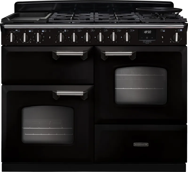 Rangemaster Classic Deluxe 110 CLDLO110DFPGBL/CM1 110cm wide Dual Fuel Range Cooker with Gas Hob - Black / Chrome - A Rated, Black