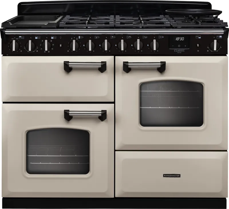 Rangemaster Classic Deluxe 110 CLDLO110DFPPCR/CM1 110cm wide Dual Fuel Range Cooker with Gas Hob - Cream / Chrome - A Rated, Cream