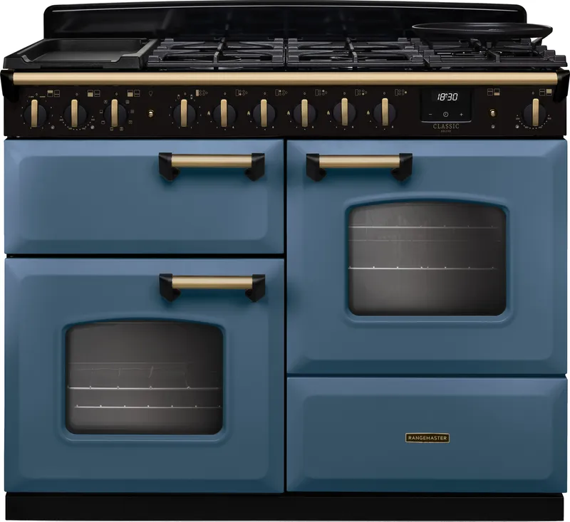 Rangemaster CLDLO110DFPSTB/AB1 Classic Deluxe OC 110cm Dual Fuel Range Cooker Antique Brass Trim 18327 - Stone Blue