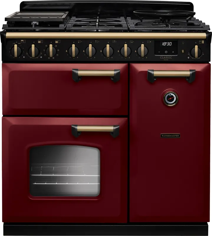 Rangemaster Classic Deluxe 90 CLDL90DFPBOR/AB1 90cm wide Dual Fuel Range Cooker with Gas Hob - Bordeaux / Chrome - A Rated, Red
