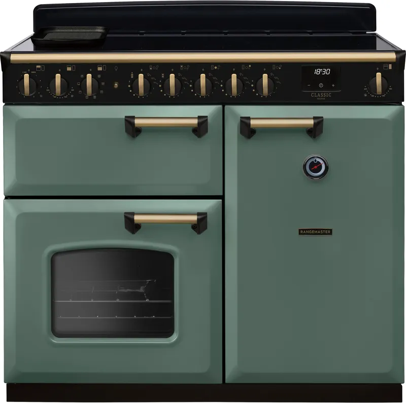 Rangemaster CLDL100EIPMGR/AB1 Classic Deluxe 100cm Induction Range Cooker Antique Brass Trim 18312 - Mineral Green