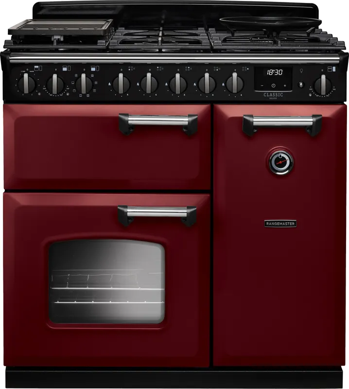Rangemaster CLDL90DFPBOR/CM1 Classic Deluxe 90cm Dual Fuel Range Cooker Chrome Trim 14543 - Bordeaux